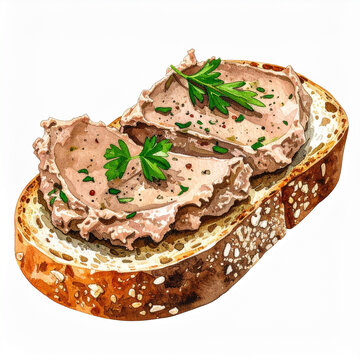 Watercolor painting of crusty bread spread with smooth liver pate and fresh herbs, hand-drawn, isolated