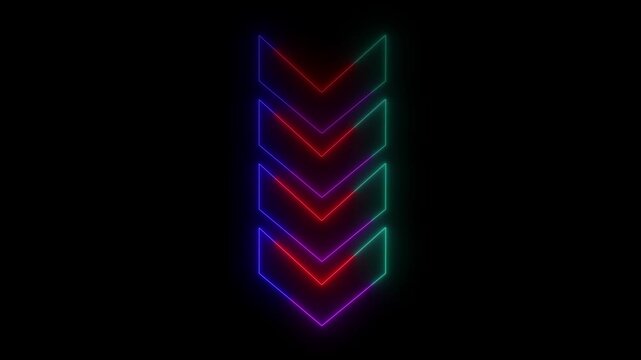 Abstract beautiful multi color neon down side directional arrow. Neon down direction arrow icon animation on black background.