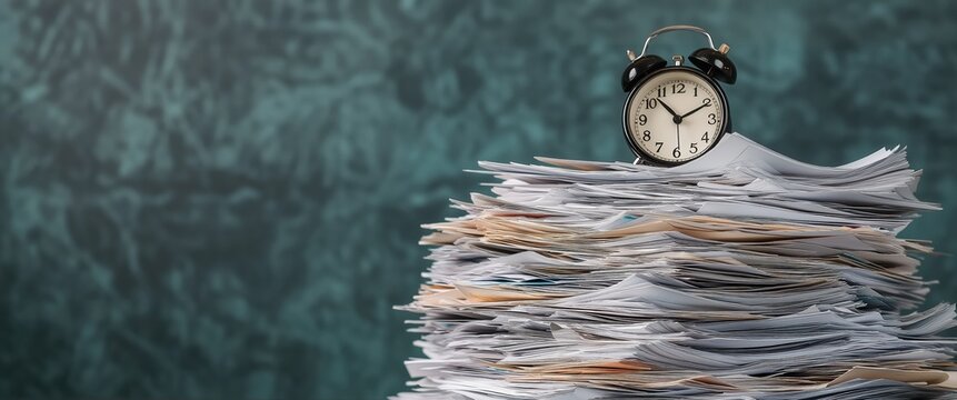 Alarm clock sitting on a high stack of documents, symbolizing overwhelming workload, time pressure, looming deadlines, and the stress of managing tasks