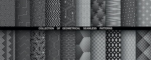 Geometric set of seamless black and gray patterns. Simple vector graphics