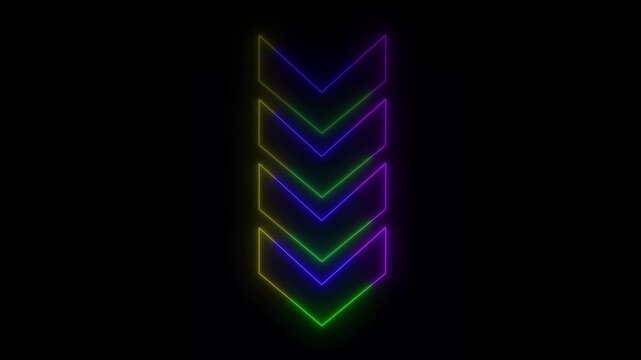 Abstract beautiful multi color neon down side directional arrow. Neon down direction arrow icon animation on black background.
