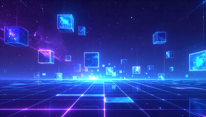 A field of luminous, pixelated squares floating in space, forming a virtual grid of technology.
