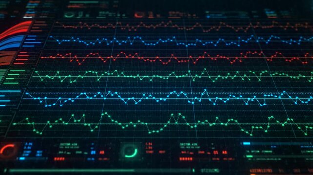 Financial AI Data Analytics Interface Dashboard Animation, Big Data Processing Visualization. Finance Statistical Charts, Infographic Flow Diagram, Business Intelligence Technology UI Background