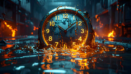 A melting digital clock, with numbers and symbols flowing into liquid circuits.