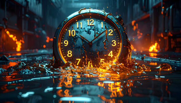 A melting digital clock, with numbers and symbols flowing into liquid circuits.