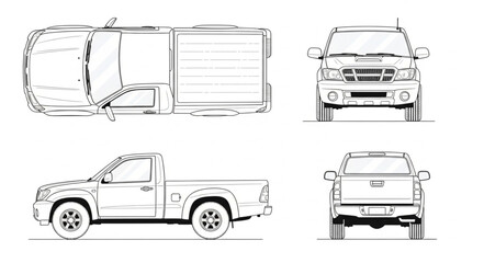 Pickup Truck Line Drawing Views. © rara
