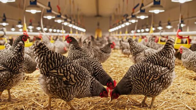 Numerous barred Plymouth Rock chickens gathered in a well-lit, straw-covered modern poultry farm barn.