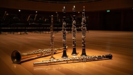 Obraz premium A collection of woodwind instruments including flutes and oboes on a wooden stage in an orchestra hall