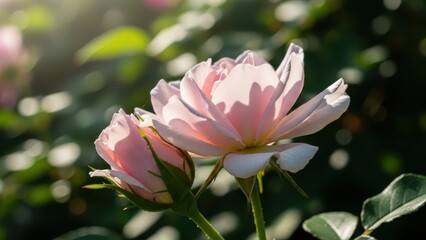 Delicate Pink Rose Bloom and Bud in a Sunlit Garden