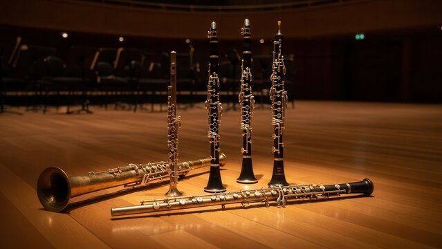 A collection of woodwind instruments including flutes and oboes on a wooden stage in an orchestra hall