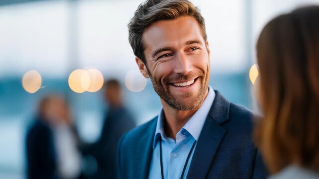 A charismatic man in formal attire engages in conversation at a corporate gathering, exuding positivity and approachability. The scene captures modern business networking and professional interaction