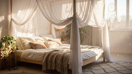 Elegant Canopy Bed with Flowing White Drapes and Soft Sunlight in a Serene Bedroom