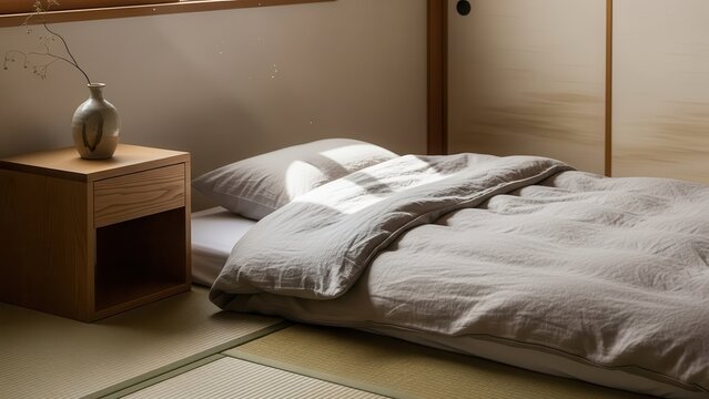 Japanese futon bed with linen bedding laid on tatami floor in a minimalist bedroom space