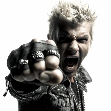 Retrato de un hombre con un look punk rock, mostrando su pu&ntilde;o con intensidad.