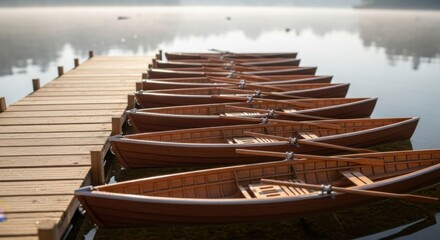 Many wooden rowboats with oars lined up on a wooden dock by a foggy lake at dawn