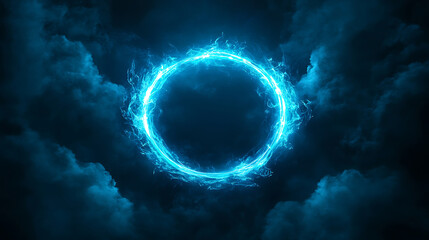 Mysterious Blue Energy Ring Portal In Dark Clouds With Dramatic Sci Fi Atmosphere.