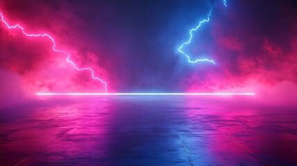 Neon Lightning Storm Over Reflective Water Surface With Dramatic Electric Energy.