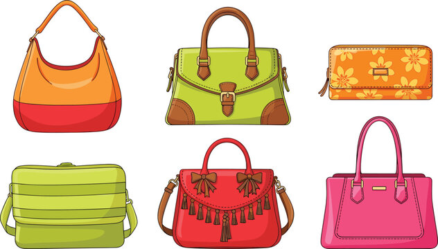 Colorful, handbags, collection, stylish, purses, fashion, accessories, women, trendy, leather, elegant, designer, shoulder, tote, clutch, modern, illustration, isolated, luxury, set