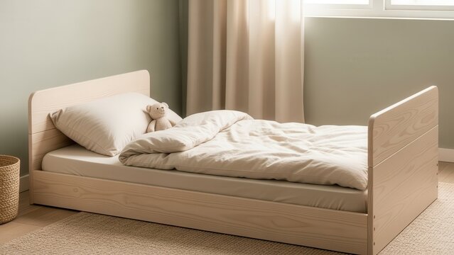 Cozy child's bed with teddy bear in a softly lit bedroom, suggesting comfort and peaceful sleep