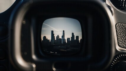 Cityscape viewed through a camera viewfinder
