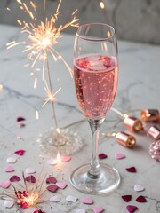 Glass of pink champagne with sparklers and confetti for celebration sparkling wine