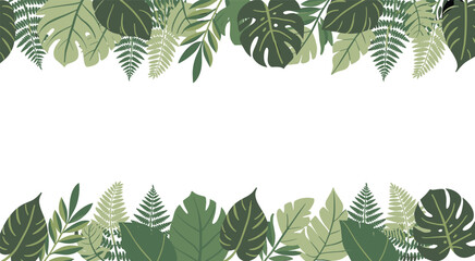 Seamless tropical foliage border design, flat green monstera palm and fern leaves frame isolated on white background © MstRejowana