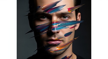 Obraz premium A close-up portrait of a person with colorful paint strokes across the face, showcasing creativity.