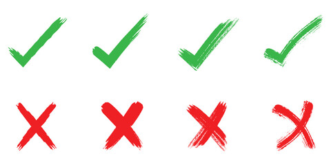 check mark and cross element. doodle, hand drawn brush vector illustration. Grunge brush stroke signs. Grunge checkmark design. Dirty grunge stroke checkmark sign vector. eps 10