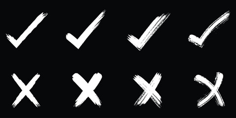 check mark and cross element. doodle, hand drawn brush vector illustration. Grunge brush stroke signs. Grunge checkmark design. Dirty grunge stroke checkmark sign vector. eps 10 © Hike Studio 444