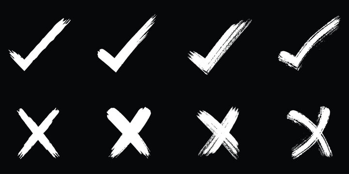 check mark and cross element. doodle, hand drawn brush vector illustration. Grunge brush stroke signs. Grunge checkmark design. Dirty grunge stroke checkmark sign vector. eps 10
