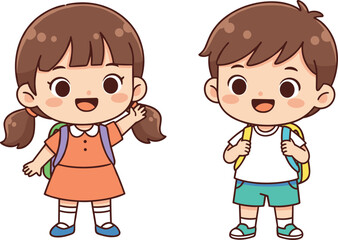 Cute School Boy and Girl with Backpacks Cartoon Illustration