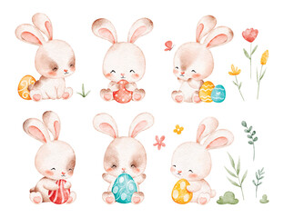 Fototapeta premium Watercolor Illustration Set of Bunny and Easter Eggs