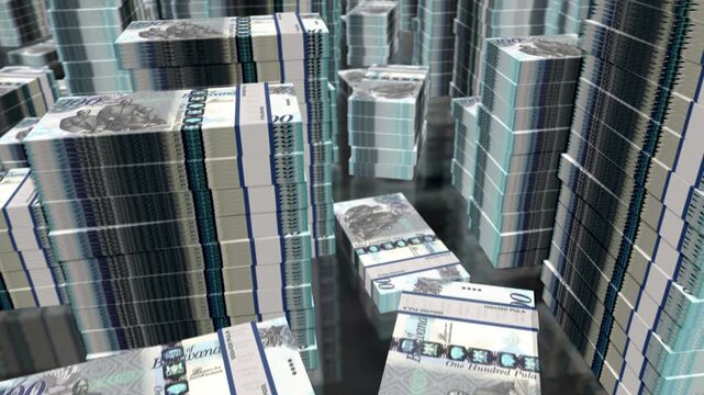 Botswana pula Botswanan money notes packs loop. 3D flight over 100 BWP banknotes stacks towers. Loopable seamless abstract background concept of business, economy crisis and finance.