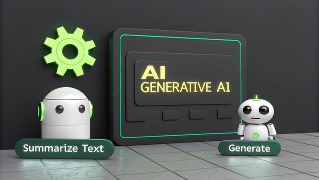 3D AI Robot with Generative AI Screen Displaying Futuristic Technology Concepts on Dark Background