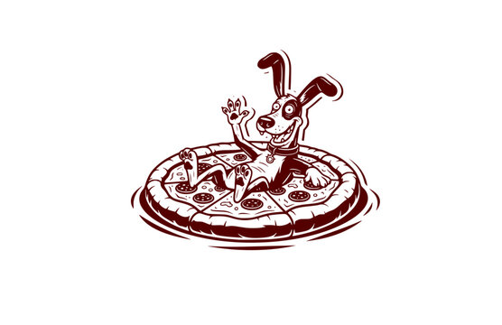 Funny dog on Pizza Pool Float Sticker Silhouette. Quirky Surreal Silliness and Humorous Character Design Vector.