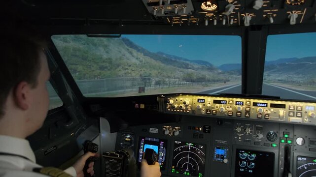 Skilled pilot navigates aircraft using steering wheel along runway surrounded by mountains. Captain ends route taxiing airplane