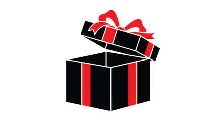 An open gift box with a red ribbon presented in a stark graphic style