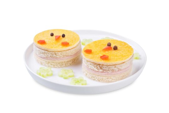 Ham cheese omelette sandwich in the form of chick on a white isolated background