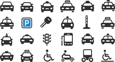 Grid of transportation and mobility icons including cars, taxis, buses, police vehicles, parking, traffic lights, wheelchair accessibility, and scooter symbols for signage and design resources © MDAMIRHAMJA