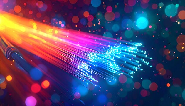 Fiber Optic Cable with Abstract Light Burst Background for Telecommunications or Technology Concept.