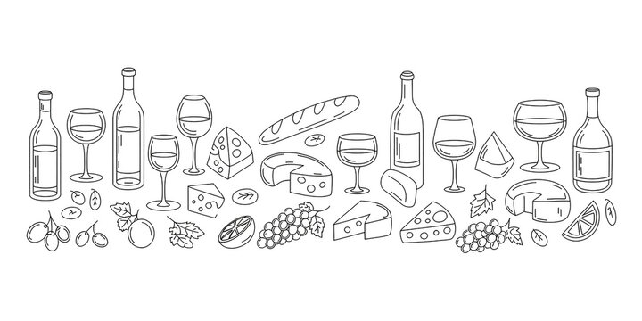 Line of wine and cheese including bottles, glasses, cheese wedges, grapes, and bread stock