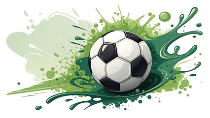 Soccer ball on green grass splashing, green liquid transparent background, Dynamic black and white football.