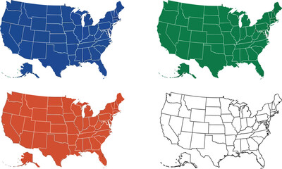 Obraz premium Four distinct map graphics of the United States of America are displayed, colored blue, green, red, and a final outline version.