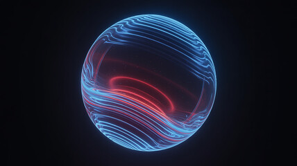 Obraz premium Translucent blue sphere with glowing red core and swirling light trails on a dark background