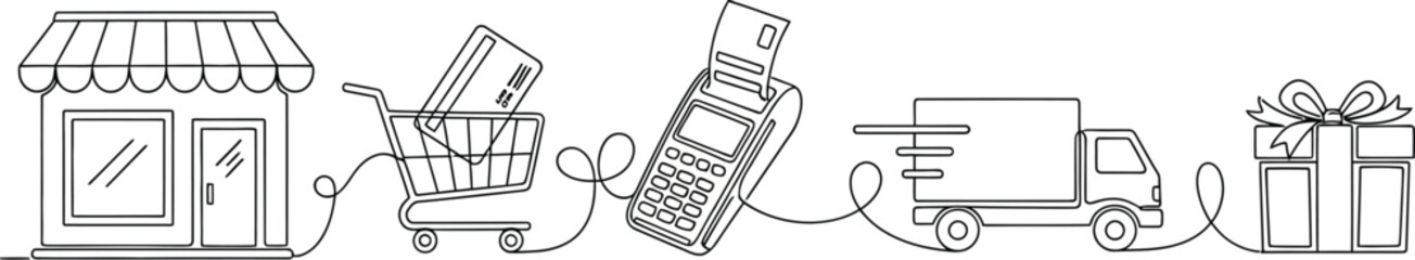 A sequential line drawing illustrates the retail purchase process from storefront to shopping cart, payment terminal, delivery truck, and final gift box.