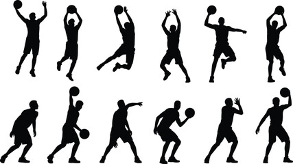 Basketball player silhouettes collection with dynamic dribbling, shooting and jumping poses representing professional sport action, team competition and athletic training concept isolated on white   © Krisna