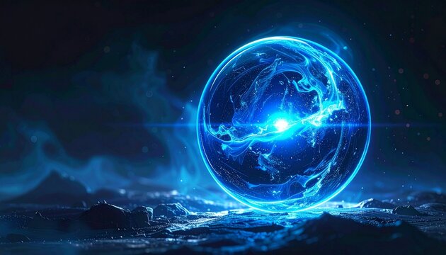 Abstract Sphere of Blue Energy Resting on a Dark Surface Evoking Mystery and Calm.