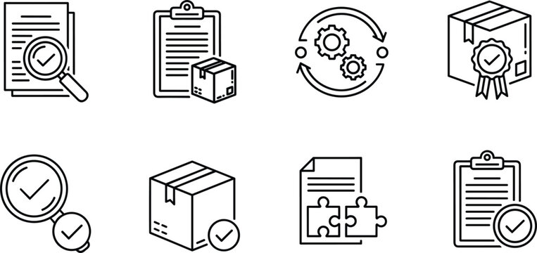 Quality Control and Verification Line Icon Set with Checklist, Package Approval, Certificate, Process Management, and Audit Symbols Vector Collection