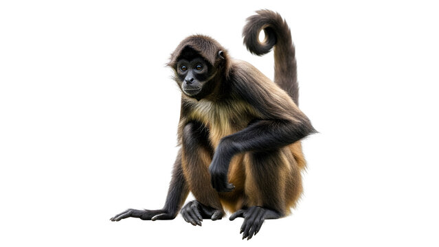 A gibbon monkey sitting with curled tail looking directly at the camera in a studio setting from a frontal viewpoint