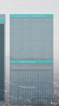 Vertical video: UI panel sliding over hazy city, showing IP passphrase and hex dump for encryption